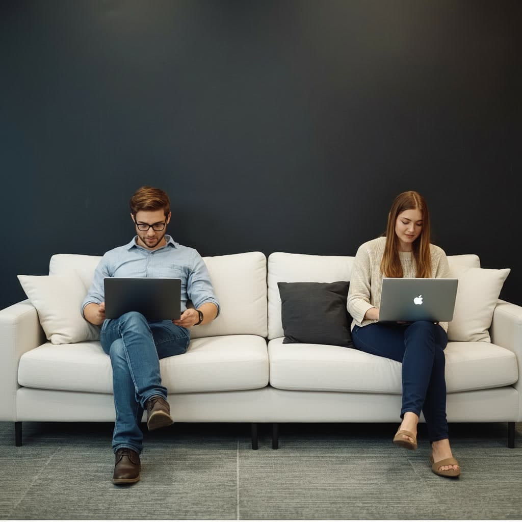 Zwei Gründer arbeiten auf einem Sofa